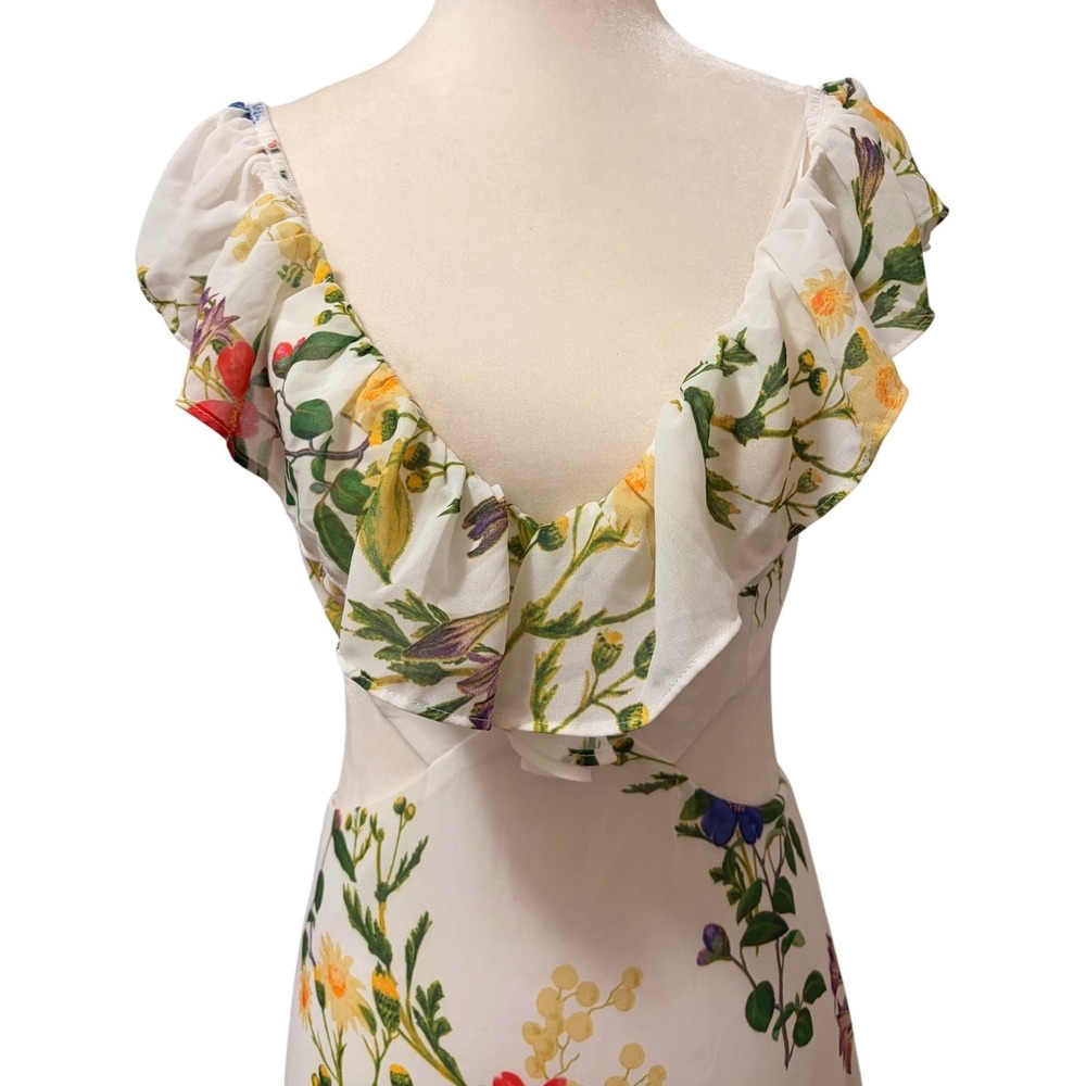 Dynamite Floral Cut-Out Maxi Dress Size XS White Botanical Ruffle Summer Boho - Picture 3 of 10